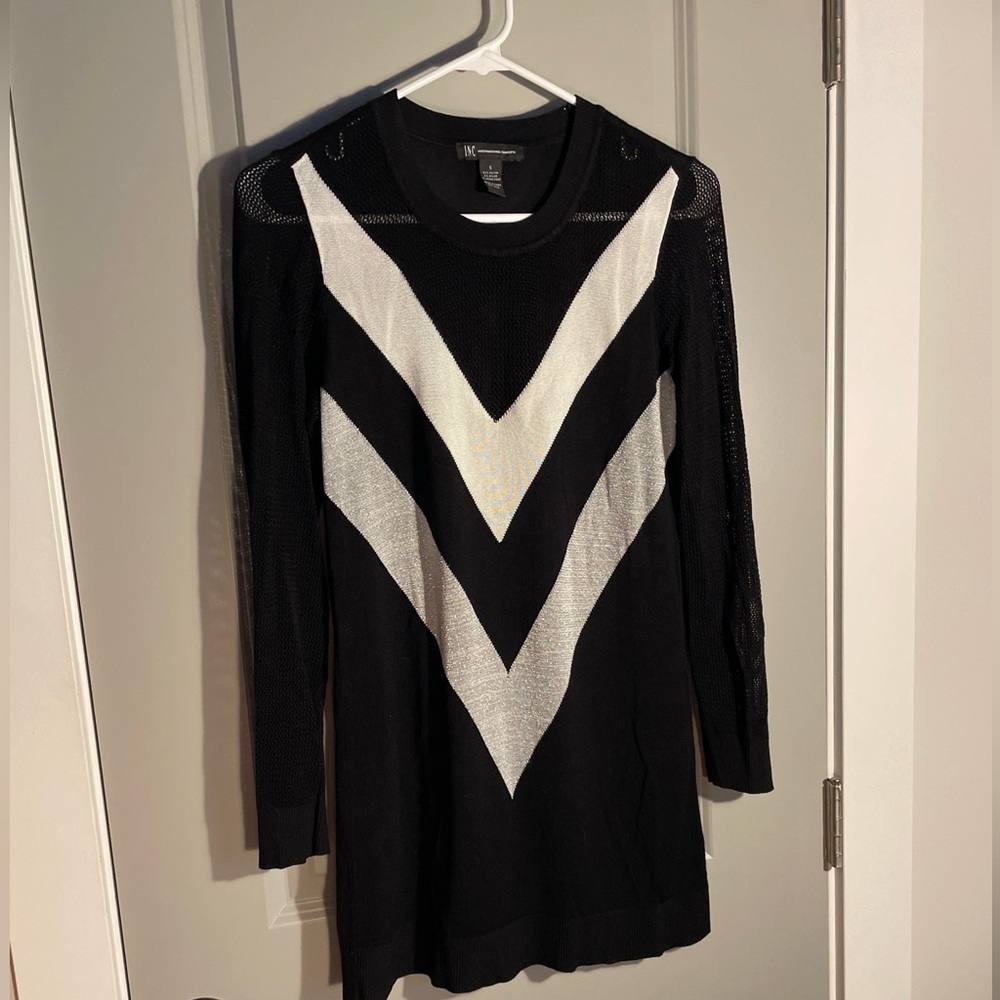 Sweater tunic: black,silver and white. Size small - mint condition.